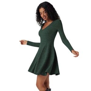 HALARA Small Dress Forest Green Ribbed V-Neck Long Sleeve Flare Mini NWT